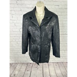 Accents By Comint Solid Black Button Up Genuine Leather Biker Jacket Women’s M